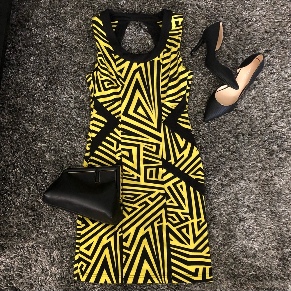 Yellow and Black Cutout Geo Print Bodycon Dress